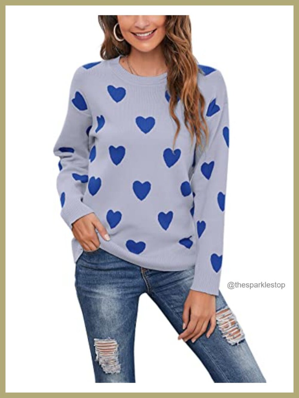 Womens Heart Sweater Long Sleeve Crew Neck Loose Knit Pullover